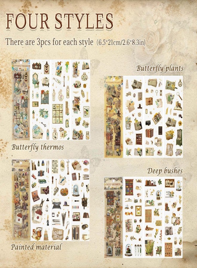 SAMVARDHAN 12 Sheets Vintage Aesthetic Stickers PET Waterproof Scrapbooking Retro Transparent DIY Crafts Stickers for Journals Diaries Laptops and Decorative Crafts, Pack of 4 (Retro Themes) - Image 4
